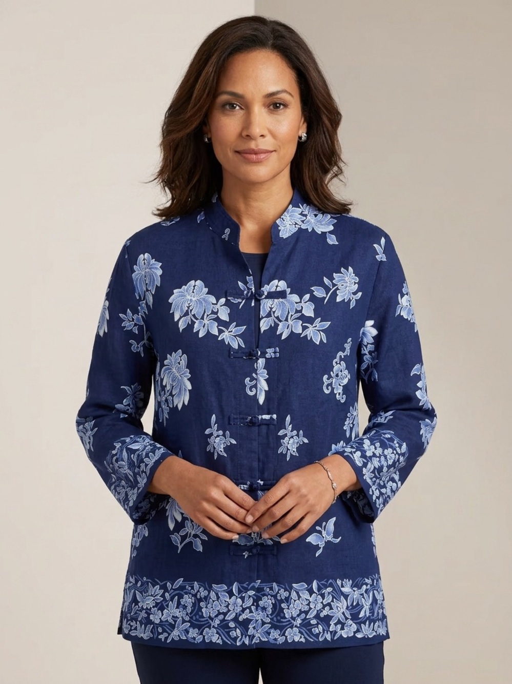 Jones New York Navy Floral Mandarin-Collar Linen Top